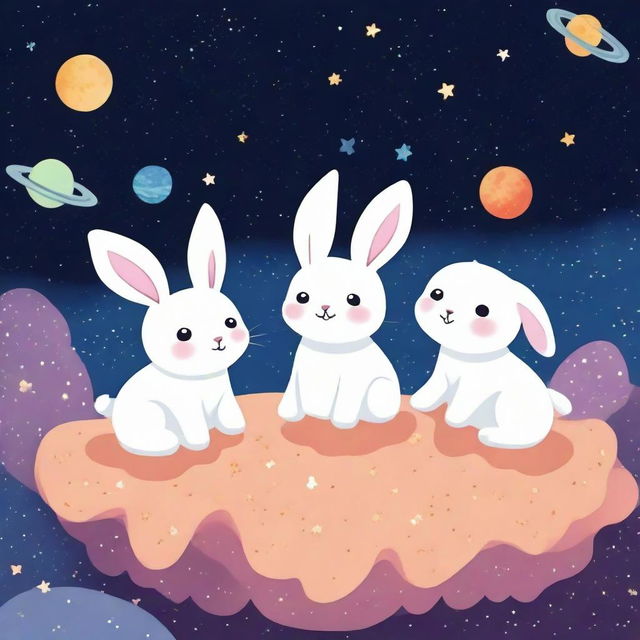 Adorable little rabbits floating in the vastness of outer space, surrounded by stars and distant galaxies.