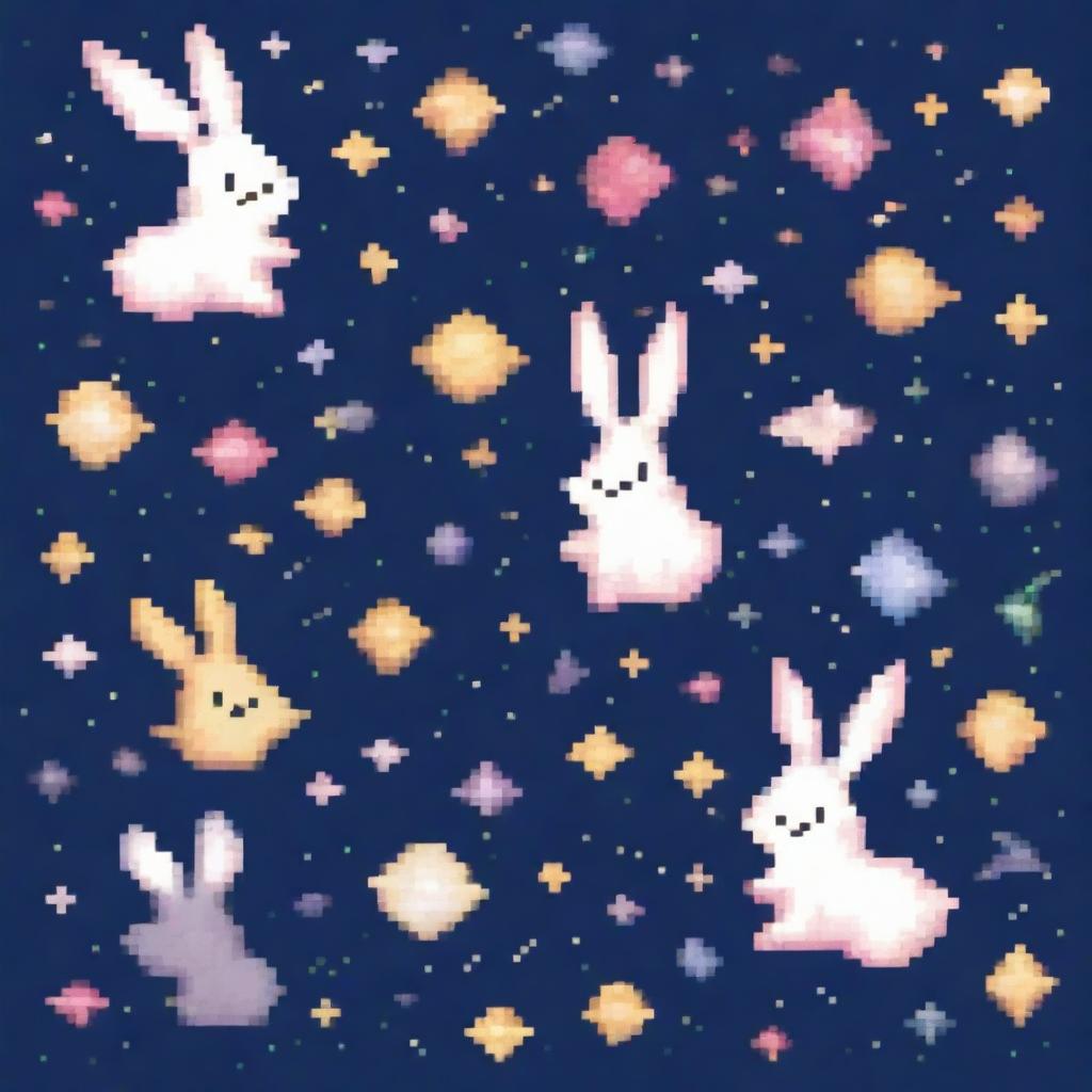 Pixel art of cute little rabbits floating in the vastness of outer space, surrounded by pixelated stars and distant galaxies.