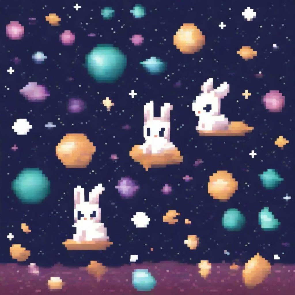 Pixel art of cute little rabbits floating in the vastness of outer space, surrounded by pixelated stars and distant galaxies.