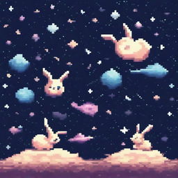 Pixel art of cute little rabbits floating in the vastness of outer space, surrounded by pixelated stars and distant galaxies.