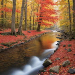 A picturesque landscape showcasing a peaceful river flowing through a vibrant autumn forest with bright red and orange tree leaves.