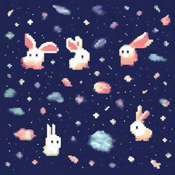 Pixel art of cute little rabbits floating in the vastness of outer space, surrounded by pixelated stars and distant galaxies.