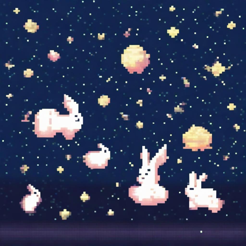 Pixel art of adorable little rabbits floating in the vast expanse of space, surrounded by twinkling stars and distant galaxies