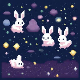 Pixel art of adorable little rabbits floating in the vast expanse of space, surrounded by twinkling stars and distant galaxies