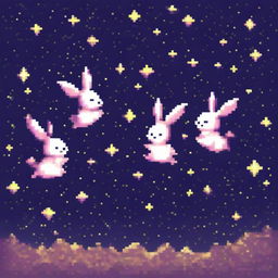 Pixel art of adorable little rabbits floating in the vast expanse of space, surrounded by twinkling stars and distant galaxies