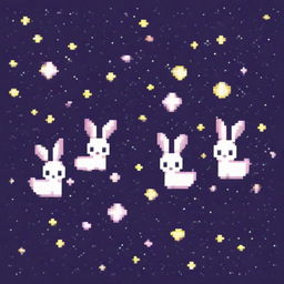 Pixel art of adorable little rabbits floating in the vast expanse of space, surrounded by twinkling stars and distant galaxies