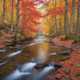 A picturesque landscape showcasing a peaceful river flowing through a vibrant autumn forest with bright red and orange tree leaves.