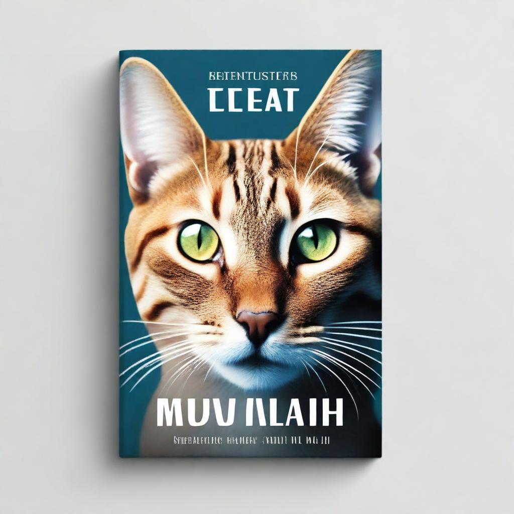 Create an image of a book cover featuring a photo-realistic graphic design of a cat