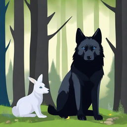 Generate an image of a black wolf with dark blue eyes sitting protectively next to a bunny