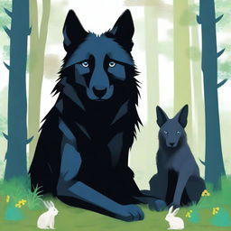 Generate an image of a black wolf with dark blue eyes sitting protectively next to a bunny