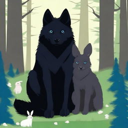 Generate an image of a black wolf with dark blue eyes sitting protectively next to a bunny