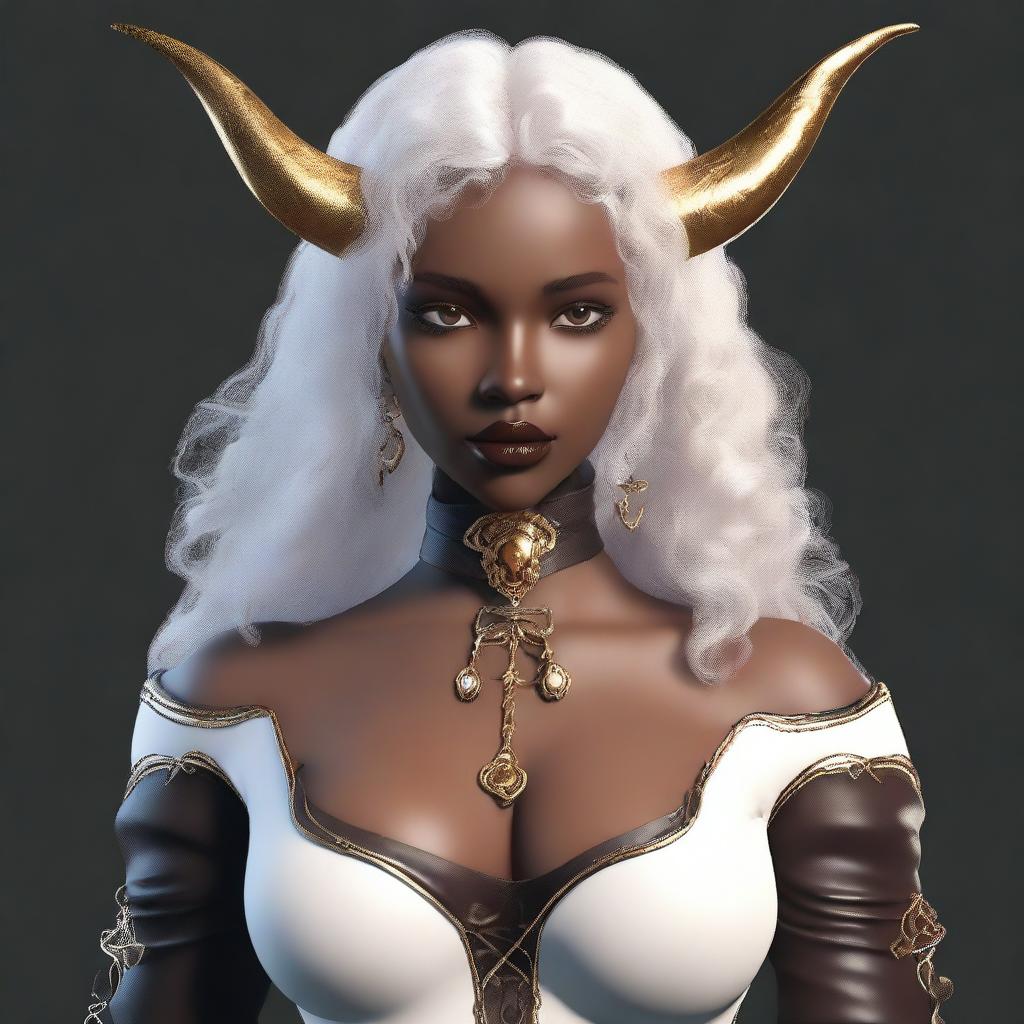 Generate an image of a young woman with white curly hair and brown horns