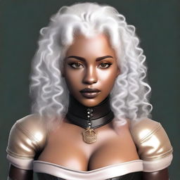 Generate an image of a young woman with white curly hair, golden eyes, and dark skin