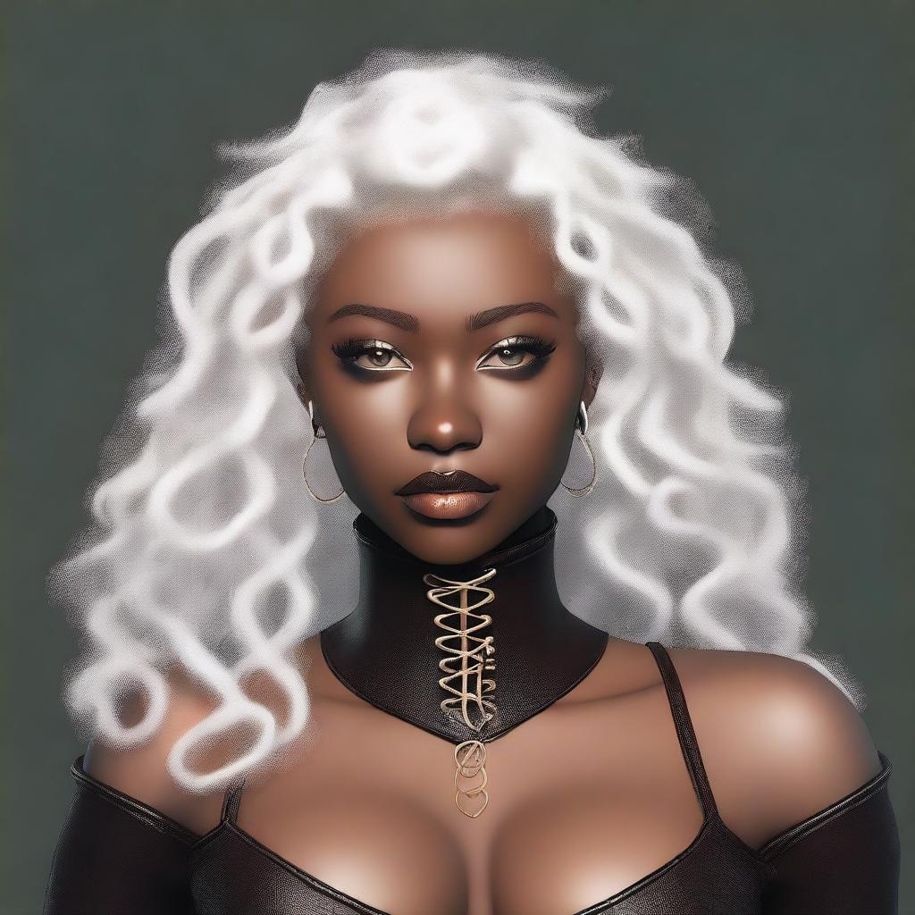 Generate an image of a young woman with white curly hair, golden eyes, and dark skin