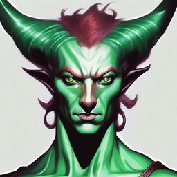 Generate an image of a close-up of a Poisonous Tiefling young male with emerald green eyes