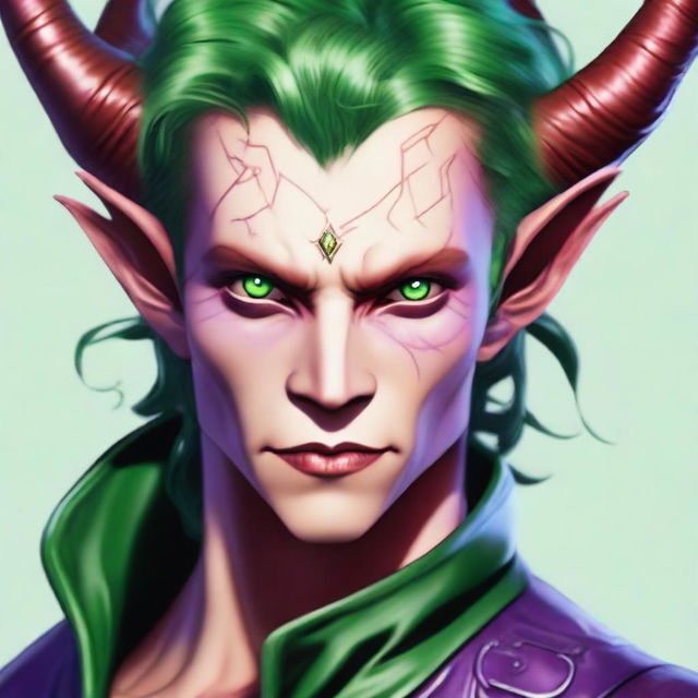 Generate an image of a close-up of a Poisonous Tiefling young male with emerald green eyes