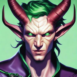 Generate an image of a close-up of a Poisonous Tiefling young male with emerald green eyes