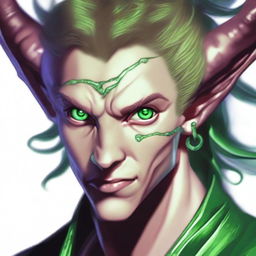 Generate an image of a close-up of a Poisonous Tiefling young male with emerald green eyes