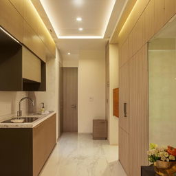 Interior of a well-designed 1BHK apartment, featuring a comfortable living room, a spacious bedroom, a functional kitchen, and a neat bathroom