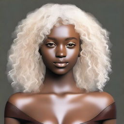 Generate an image of a young woman with white curly hair, golden eyes, and dark skin