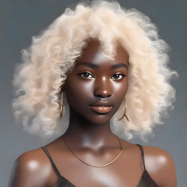 Generate an image of a young woman with white curly hair, golden eyes, and dark skin