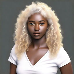 Generate an image of a young woman with white curly hair, golden eyes, and dark skin