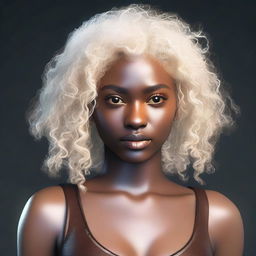 Generate an image of a young woman with white curly hair, golden eyes, and dark skin