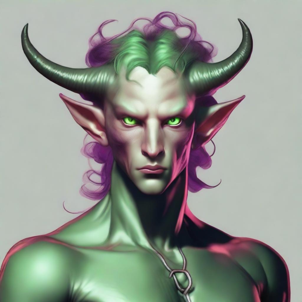 Generate an image of a scroungy Tiefling young male with green eyes