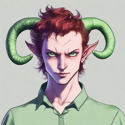 Generate an image of a scroungy Tiefling young male with green eyes