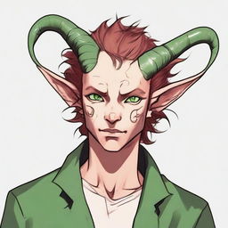 Generate an image of a scroungy Tiefling young male with green eyes