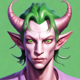 Generate an image of a scroungy Tiefling young male with green eyes