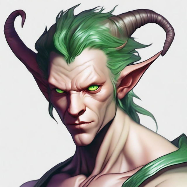 Generate an image of a close-up of a scroungy Tiefling young male with green eyes