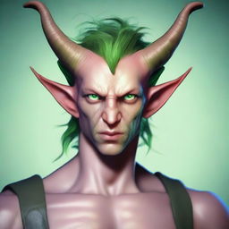 Generate an image of a close-up of a scroungy Tiefling young male with green eyes