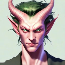 Generate an image of a close-up of a scroungy Tiefling young male with green eyes