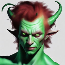 Generate an image of a close-up of a scroungy Tiefling young male with green eyes