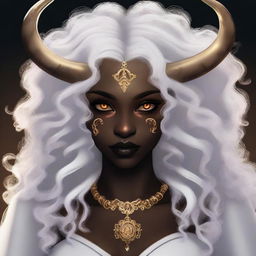 A young woman with dark skin, golden eyes, and white curly hair. She has brown horns, giving her a demonic appearance.