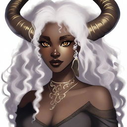 A young woman with dark skin, golden eyes, and white curly hair. She has brown horns, giving her a demonic appearance.