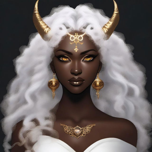 A young woman with dark skin, golden eyes, and white curly hair. She has brown horns, giving her a demonic appearance.