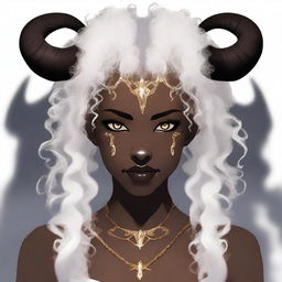 A young woman with dark skin, golden eyes, and white curly hair. She has brown horns, giving her a demonic appearance.