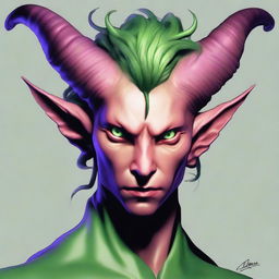 Generate an image of a scroungy Tiefling young male with green eyes