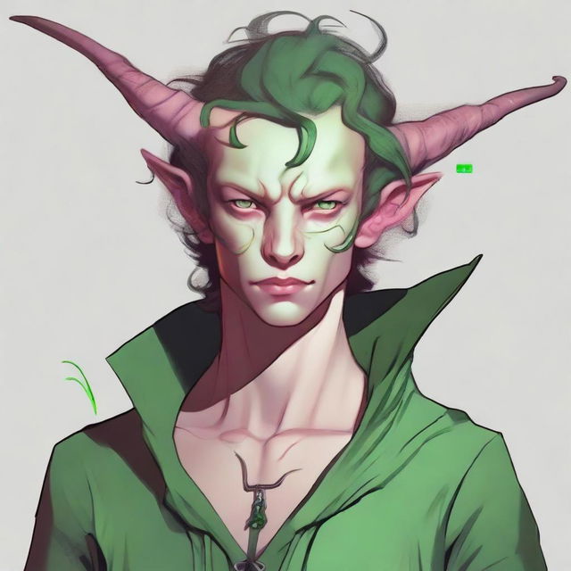 Generate an image of a scroungy Tiefling young male with green eyes