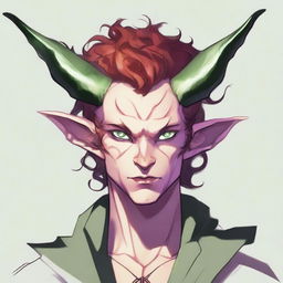 Generate an image of a scroungy Tiefling young male with green eyes