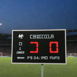 A brightly illuminated soccer substitution board. It shows player number 19 is out and player number 20 is in, under a twilight sky inside a packed soccer stadium.