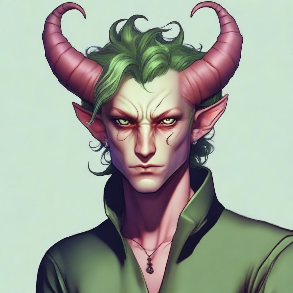 Generate an image of a scroungy Tiefling young male with green eyes