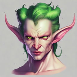 Generate an image of a scroungy Tiefling young male with green eyes