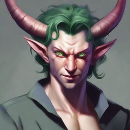 Generate an image of a scroungy Tiefling young male with green eyes