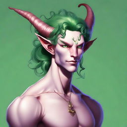 Generate an image of a scroungy Tiefling young male with green eyes