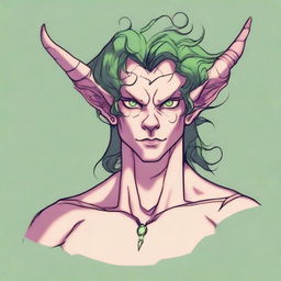 Generate an image of a scroungy Tiefling young male with green eyes