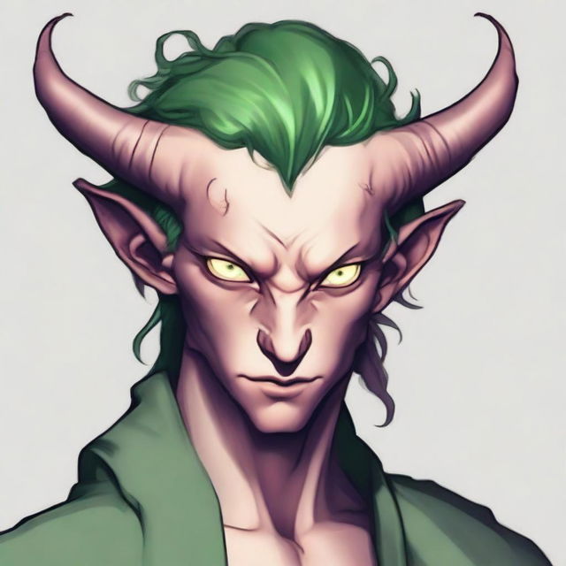 Generate an image of a scroungy Tiefling young male with green eyes