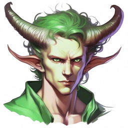 Generate an image of a scroungy Tiefling young male with green eyes